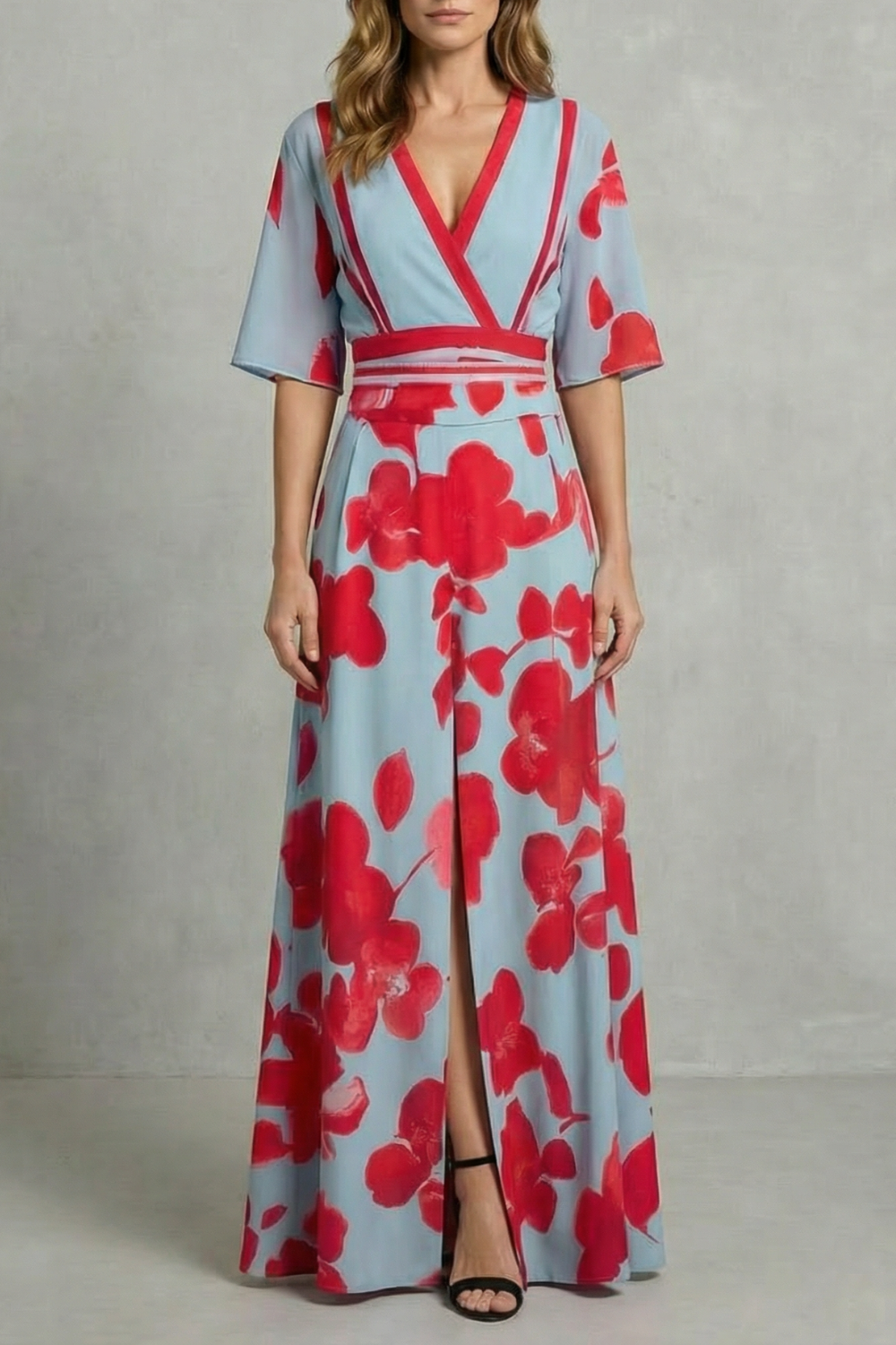 Avila - Vestido largo floral con escote en V – Contraste de flores audaz