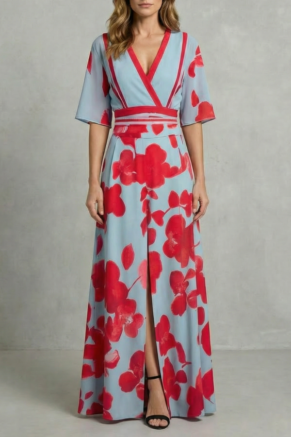 Avila - Vestido largo floral con escote en V – Contraste de flores audaz