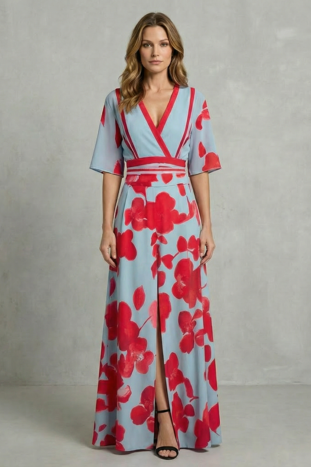 Avila - Vestido largo floral con escote en V – Contraste de flores audaz