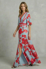 Avila - Vestido largo floral con escote en V – Contraste de flores audaz