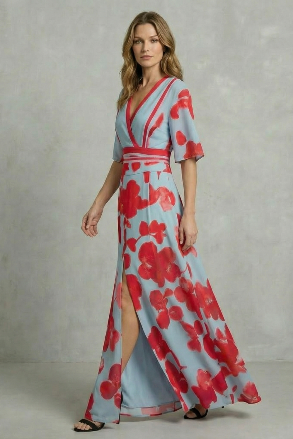 Avila - Vestido largo floral con escote en V – Contraste de flores audaz