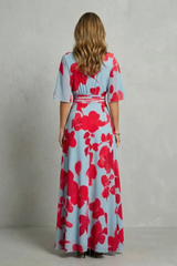 Avila - Vestido largo floral con escote en V – Contraste de flores audaz
