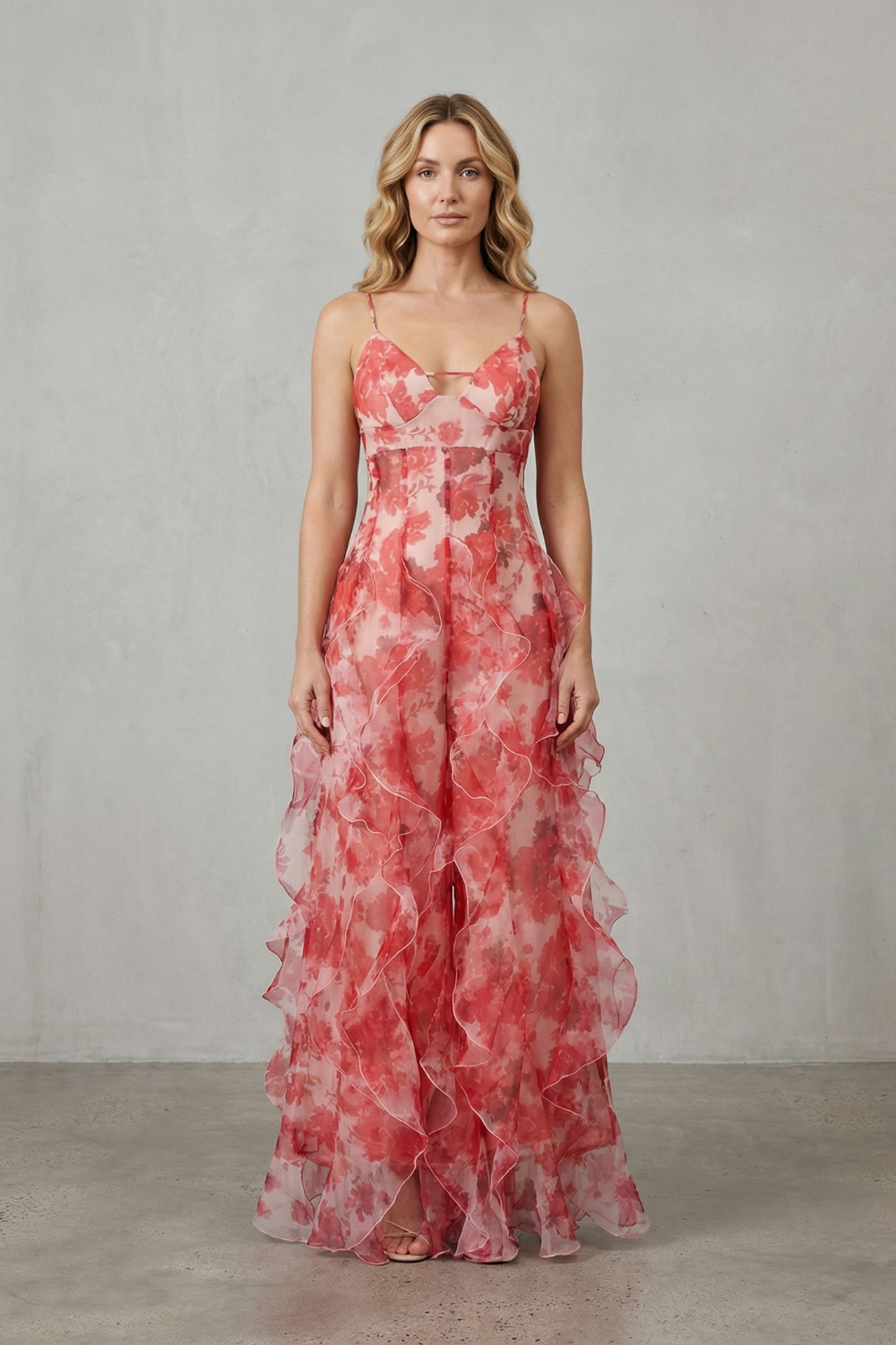 Filea - Vestido largo de gasa con volantes