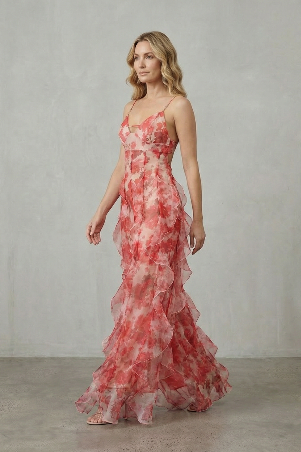 Filea - Vestido largo de gasa con volantes