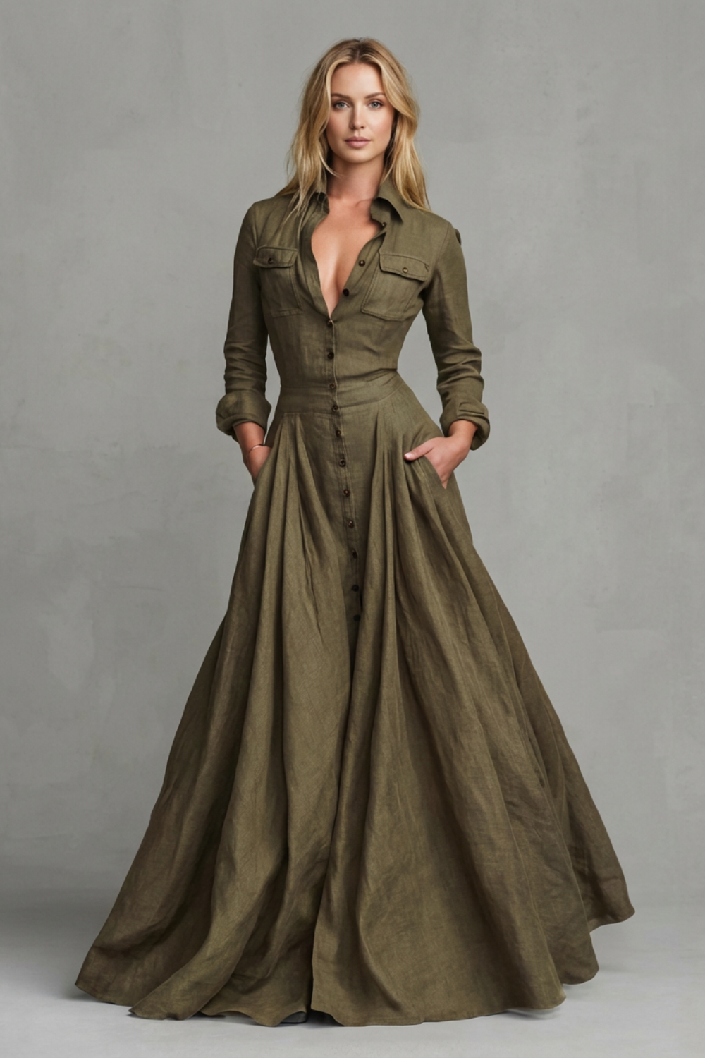 Veronica - Vestido largo camisero de manga larga