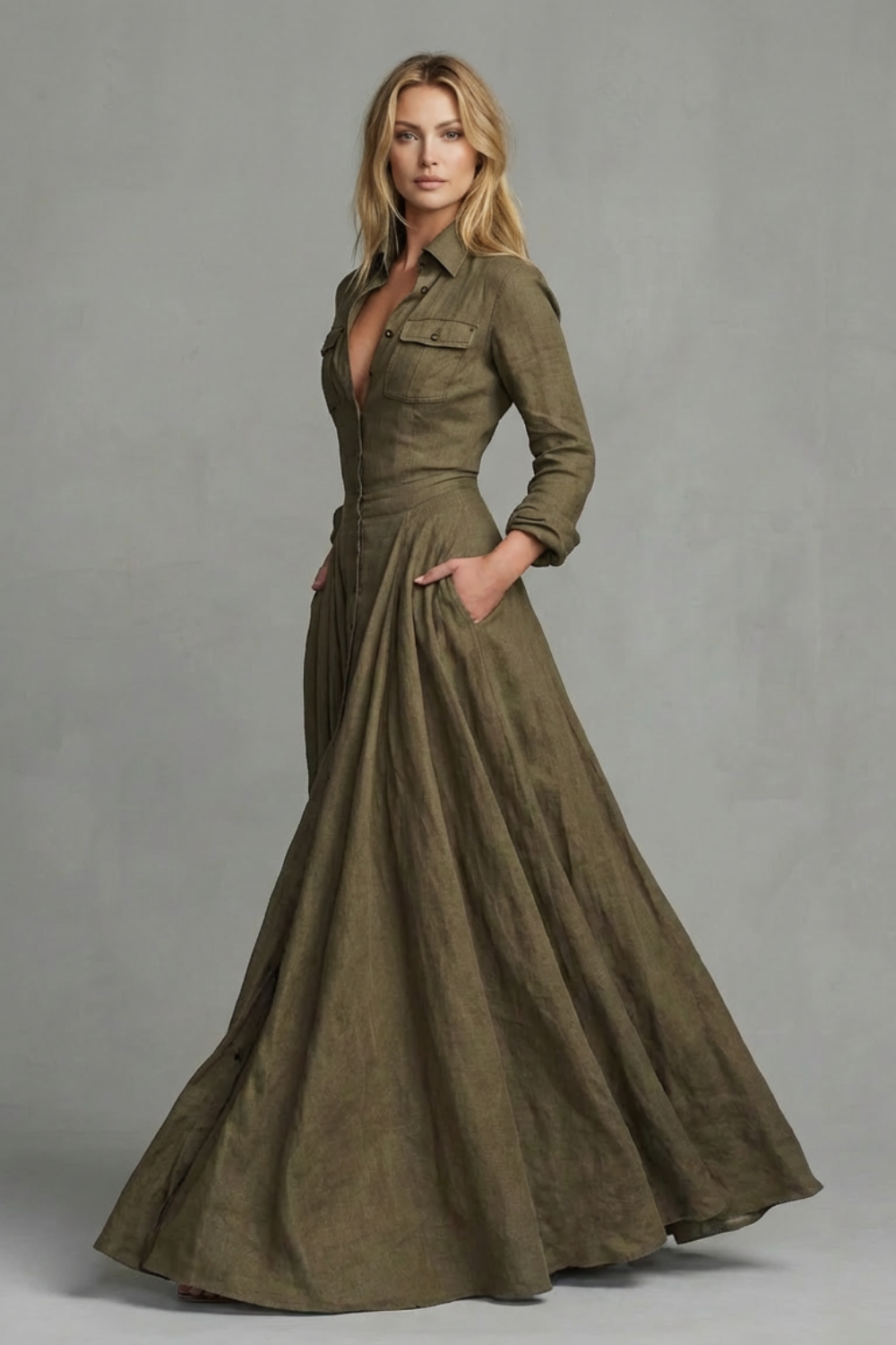 Veronica - Vestido largo camisero de manga larga