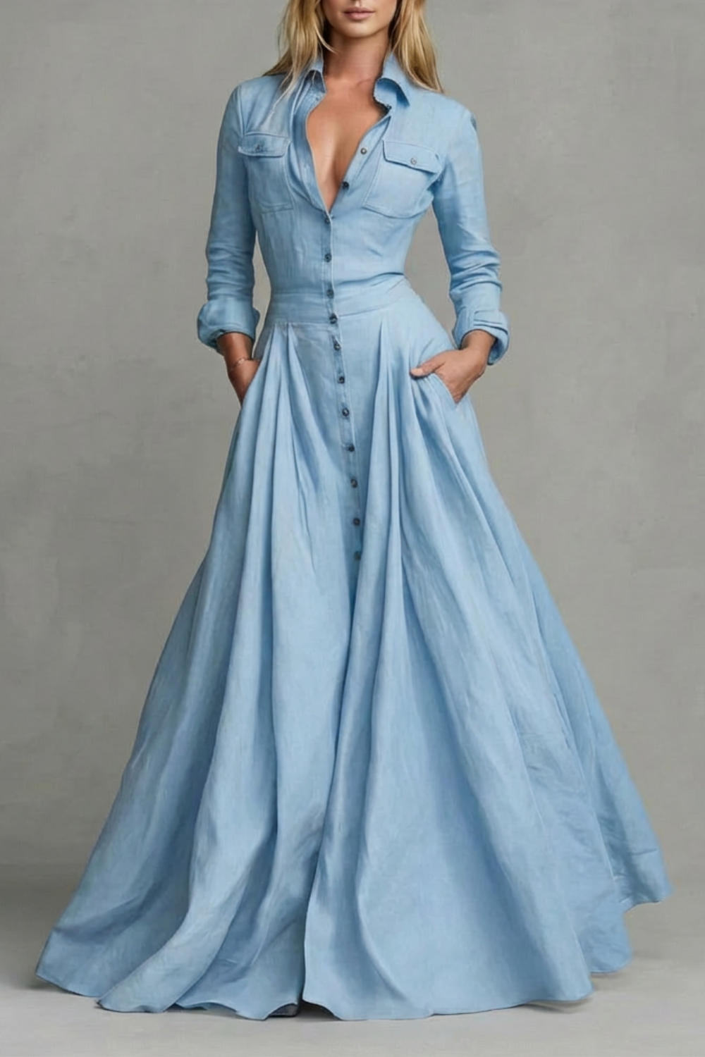 Veronica - Vestido largo camisero de manga larga